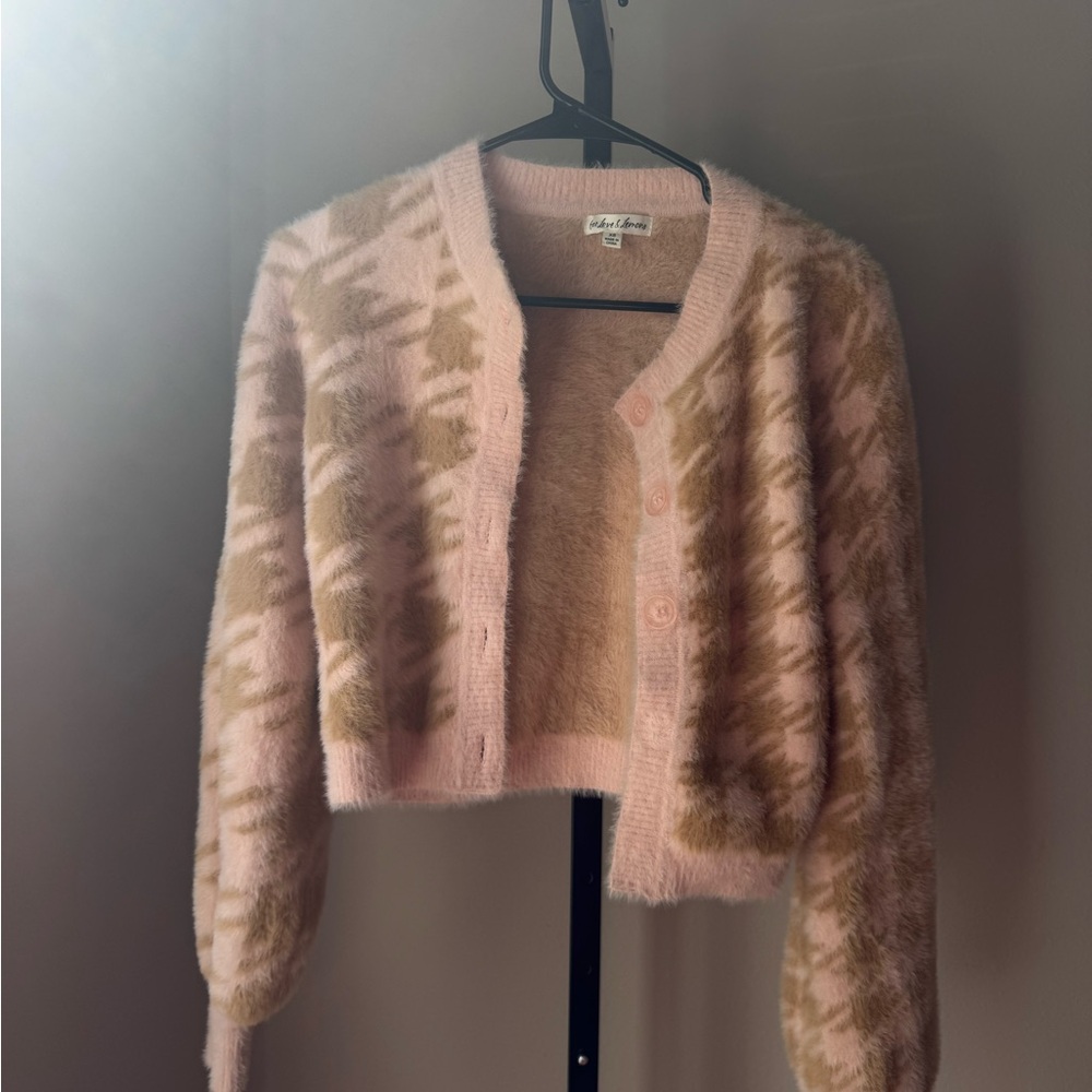 For Love And Lemons Pink houndstooth fuzzy Cardigan